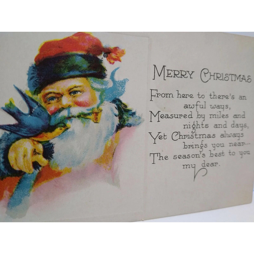 Christmas Postcard Santa Smoking Pipe With Bluebird Original Vintage Unused 302